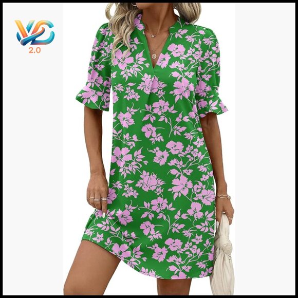 Dresses & Skirts - V-Neck Ruffle Sleeve Shift Dress, Polyester Casual Summer Mini